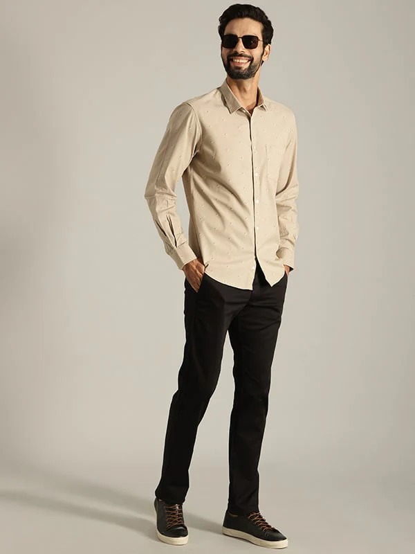 Indian Terrain Men's Slim Fit Full Sleeve All Over Print Khaki Shirt